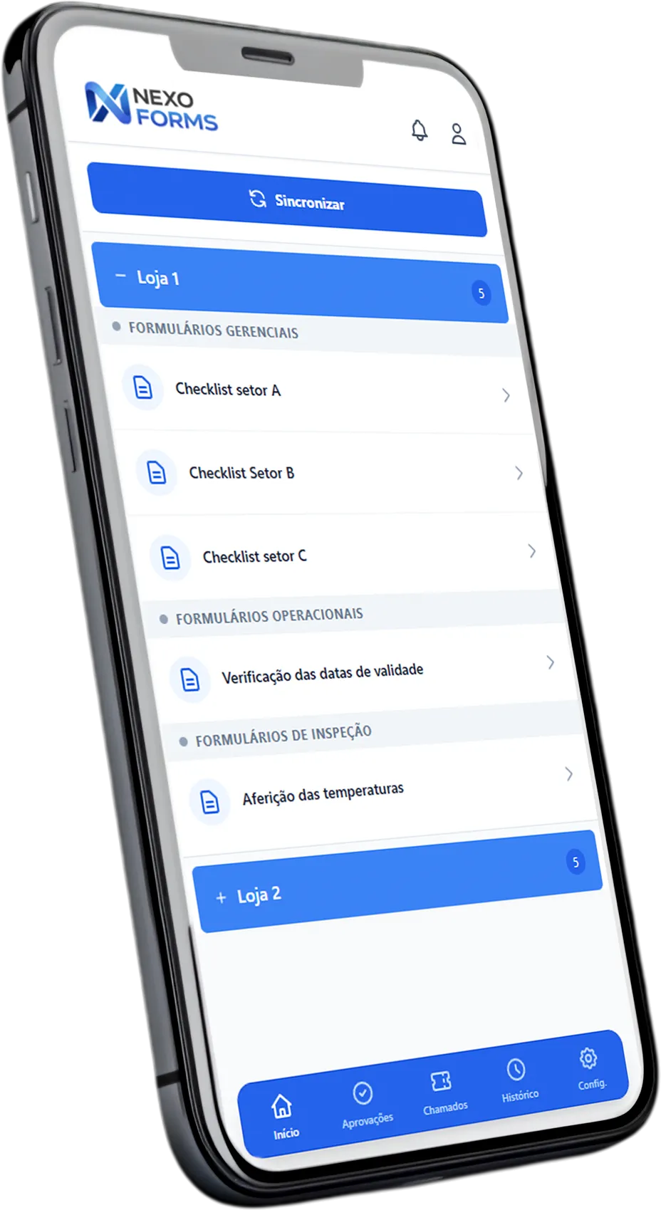 Aplicativo do NexoForms no celular, com os checklists da Loja 1 e o botão de sincronizar